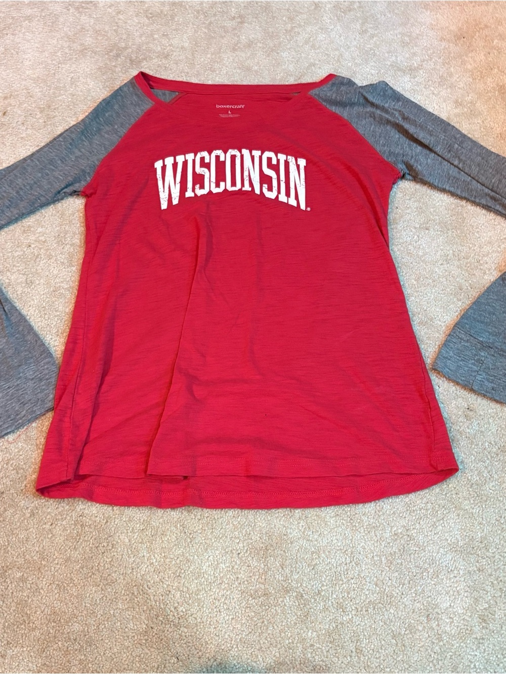 boxercraft Red Raglan Long Sleeve Tee with Gray Sleeves Wisconsin Badgers
